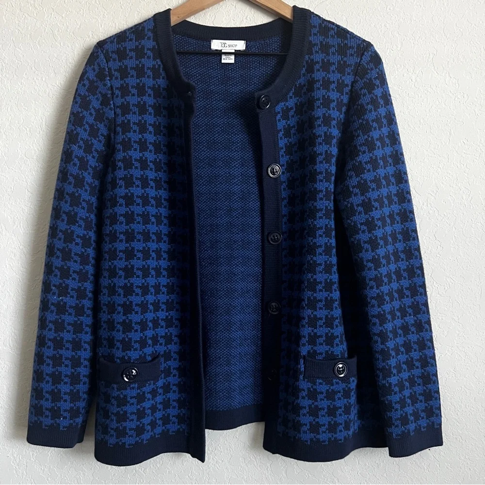 The TOG SHOP Houndstooth Knit Cardigan Sweater Navy Blue Two-Tone PS